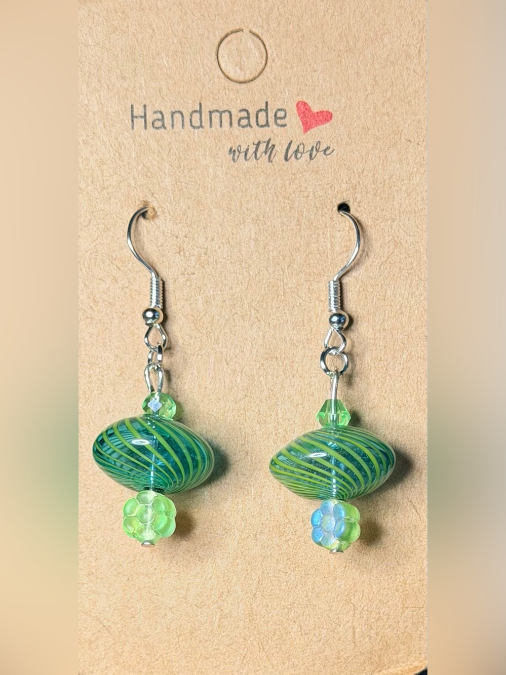 ✨Handmade✨ Green Glass Bead Dangle Earrings - Hypoallergenic